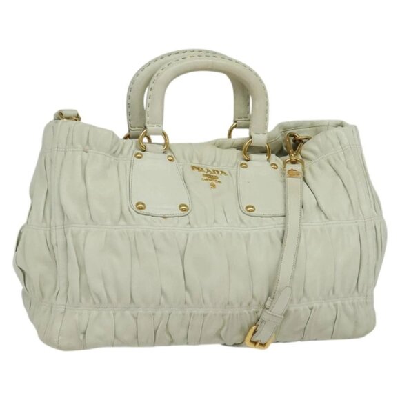PRADA Hand Bag Leather 2way White Gold Auth 133371 - Picture 1 of 16